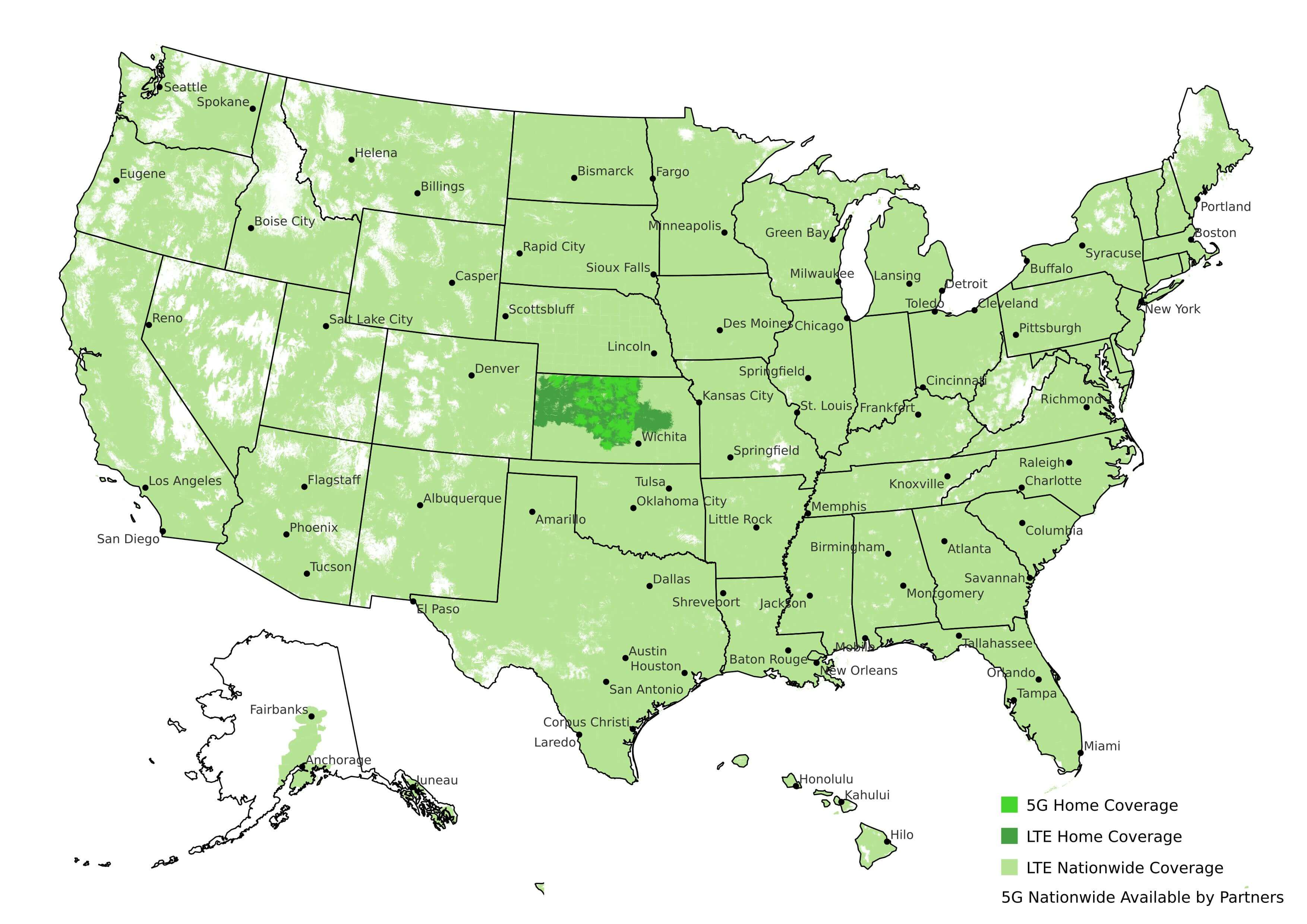 map of the United States with colored coverage area